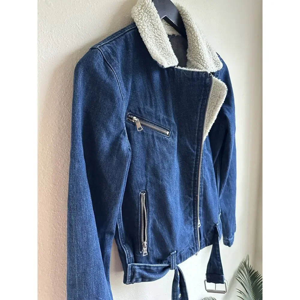 Gap Women's Denim Jacket XS Sherpa Lined Biker Belt Buckle Blue 1969
